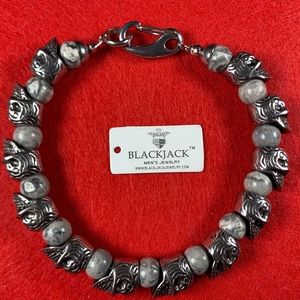 NIB Gray Jasper Stainless Steel Skull Bracelet